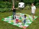 Jugar al parchís y a la oca sobre el césped del jardín