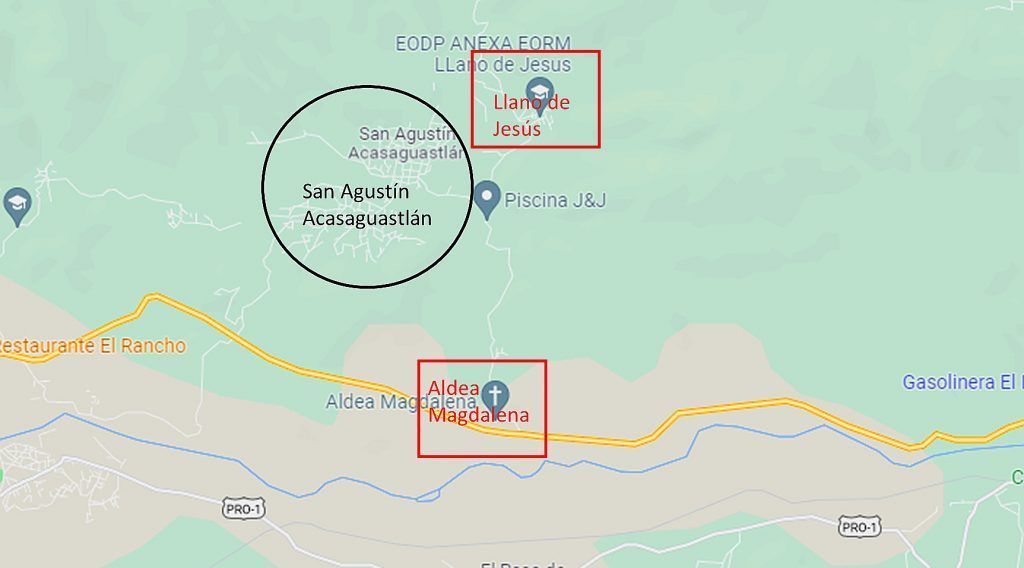 Ubicaciones de Llano de Jesús y Aldea Magdalena